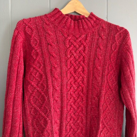 Vintage Red Cable Knit Sweater 90s St John's Bay Wool Silk Flecked Mock Neck L - Picture 1 of 8